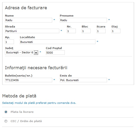 Alegerea modalitatii de plata si a adresei de facturare